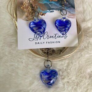 Blue swirl glass heart bead choker and earings